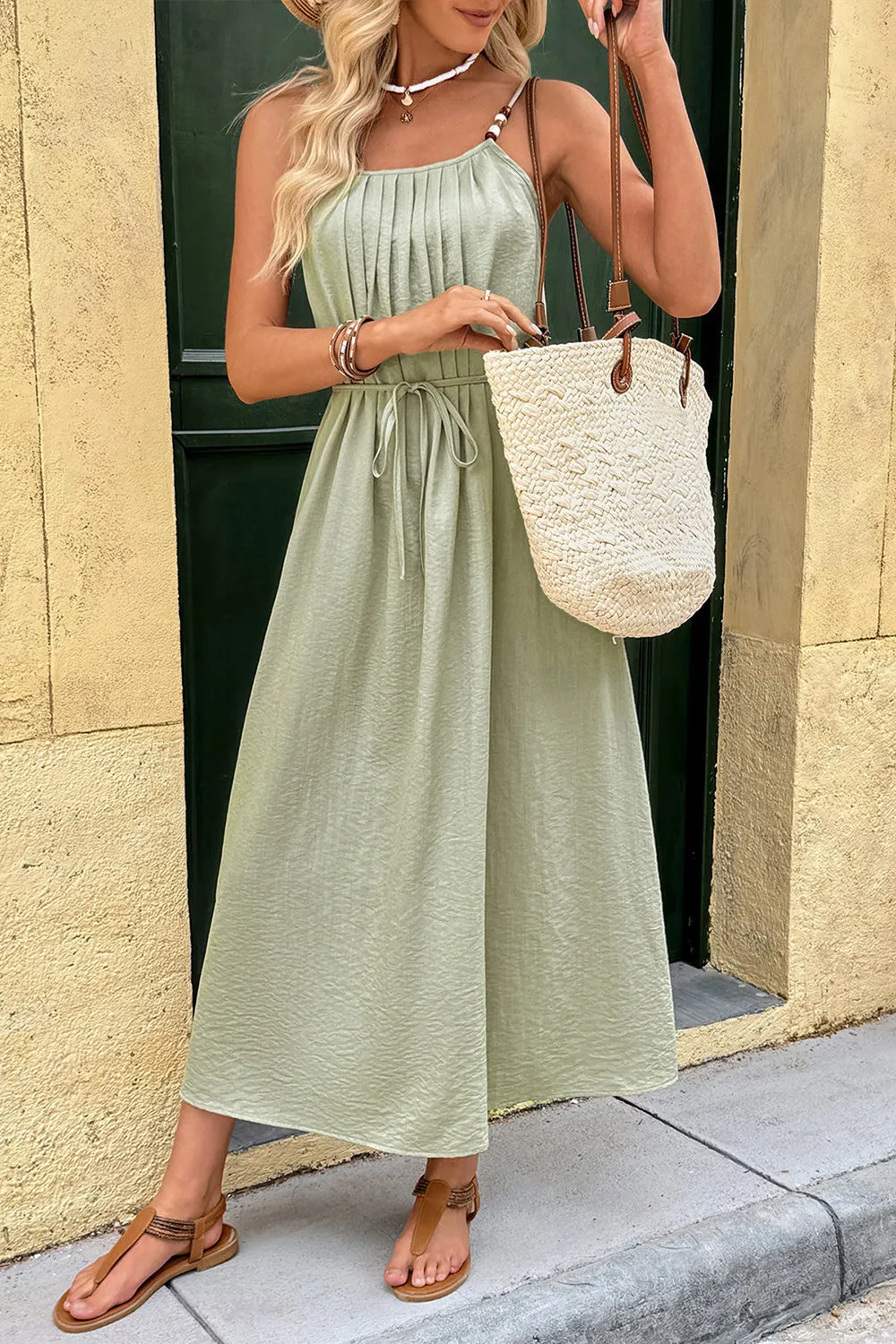 Green Spaghetti Straps A Line Pleated Summer Dress sold by Zapaka product image thumbnail 4
