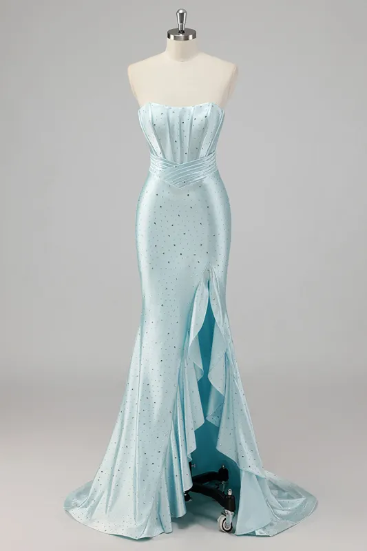 Strapless Mermaid Beaded Blue Long Prom Dress with Slit made by Zapaka