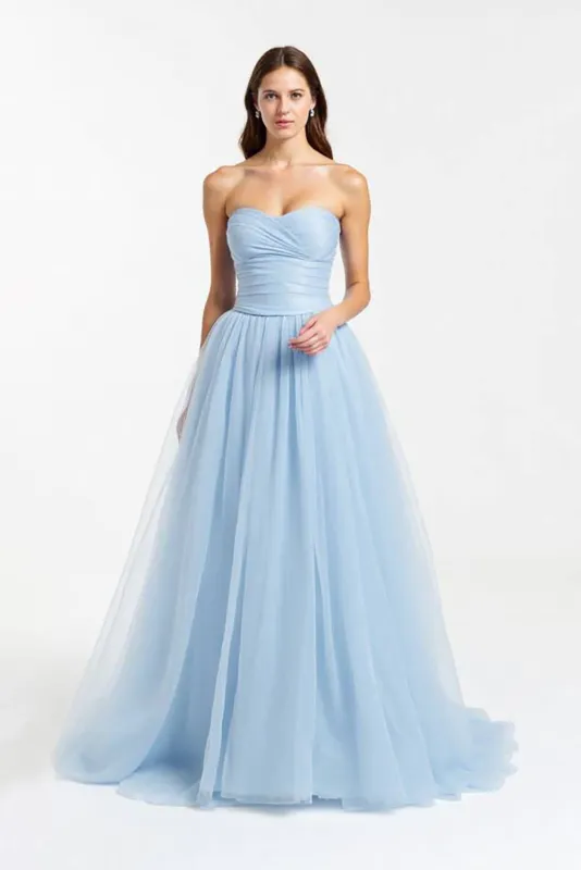 A line Light Blue Sweetheart Pleated Strapless Long Prom Dress sold by Zapaka