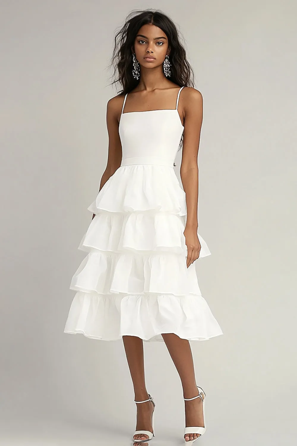 Ivory Tiered Spaghetti Straps Graduation Dress with Ruffles sold by Zapaka