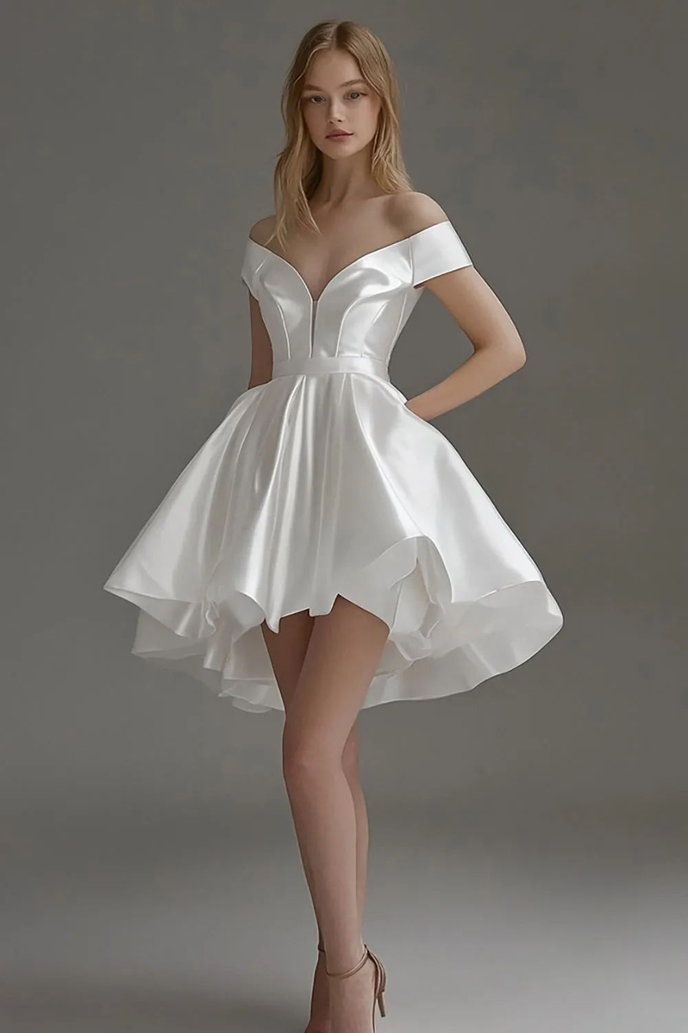 Off the Shoulder White Satin A Line Graduation Dress sold by Zapaka