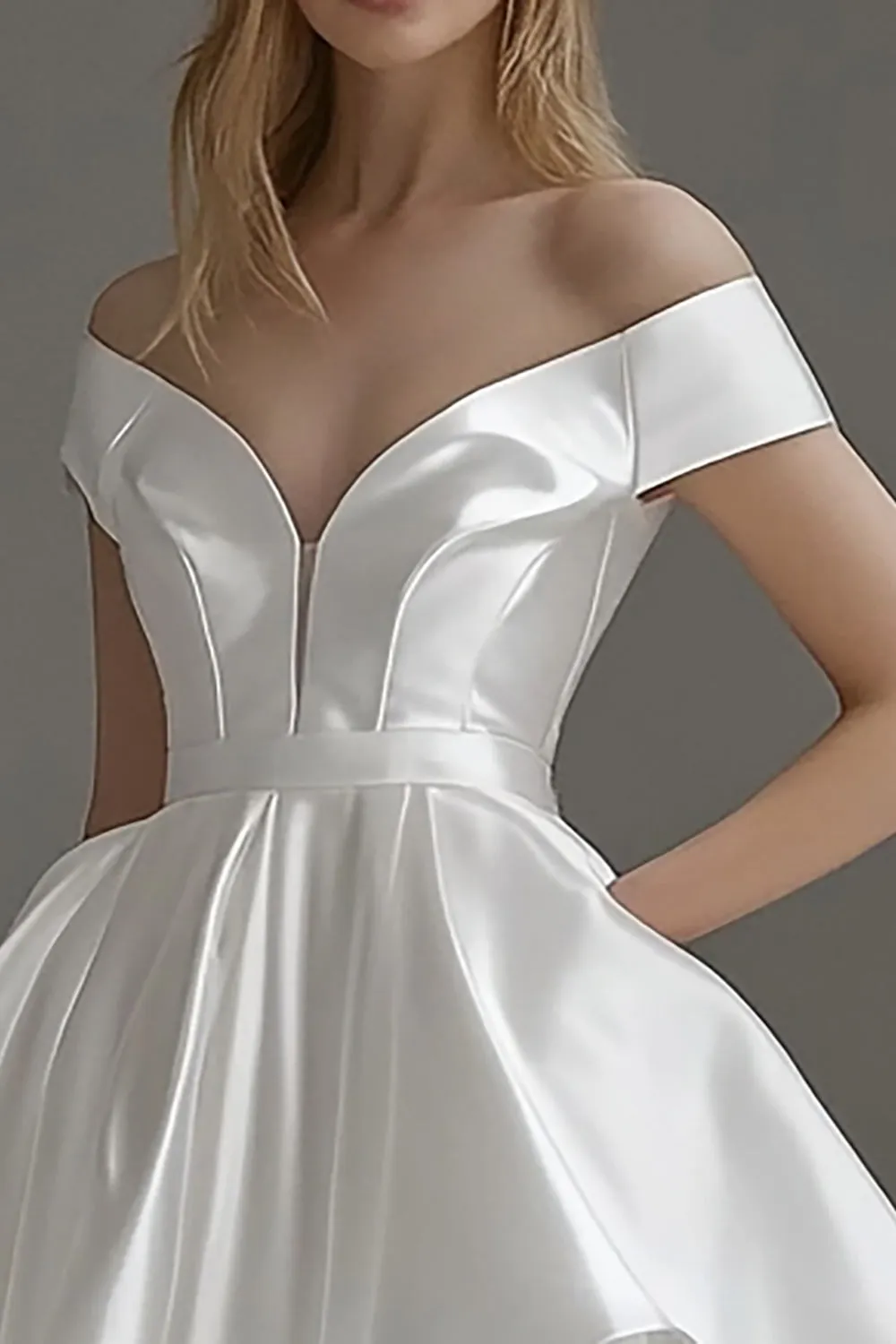 Off the Shoulder White Satin A Line Graduation Dress sold by Zapaka product image thumbnail 2