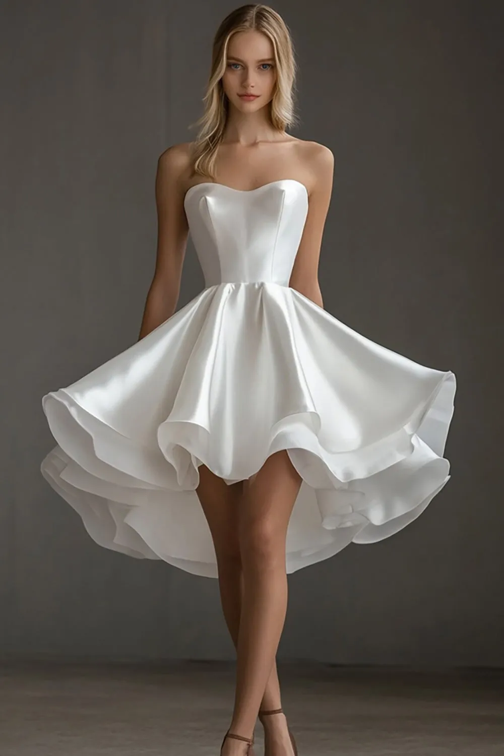 Strapless White A Line Satin Graduation Dress sold by Zapaka