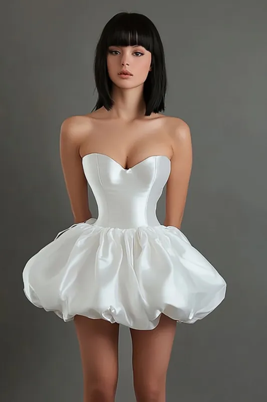 Strapless White A Line Satin Short Graduation Dress sold by Zapaka
