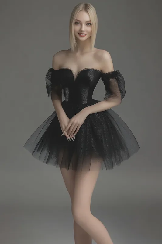 Glitter Off the Shoulder Black Tulle Homecoming Dress sold by Zapaka