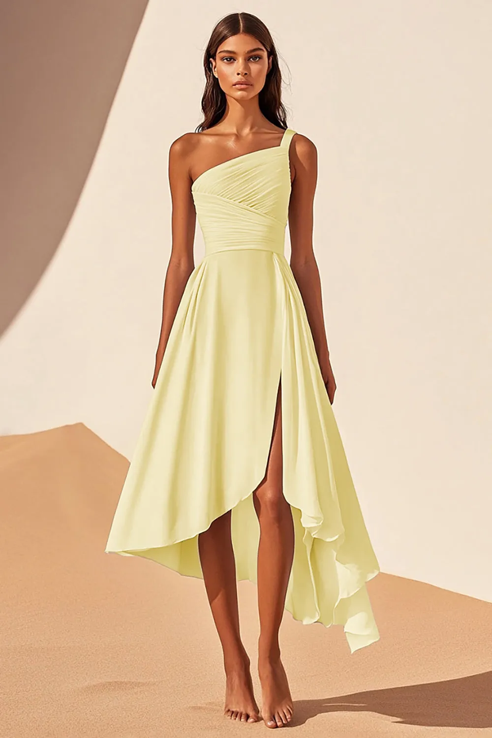 One Shoulder Daffodil A Line Ruched Midi Cocktail Dress sold by Zapaka