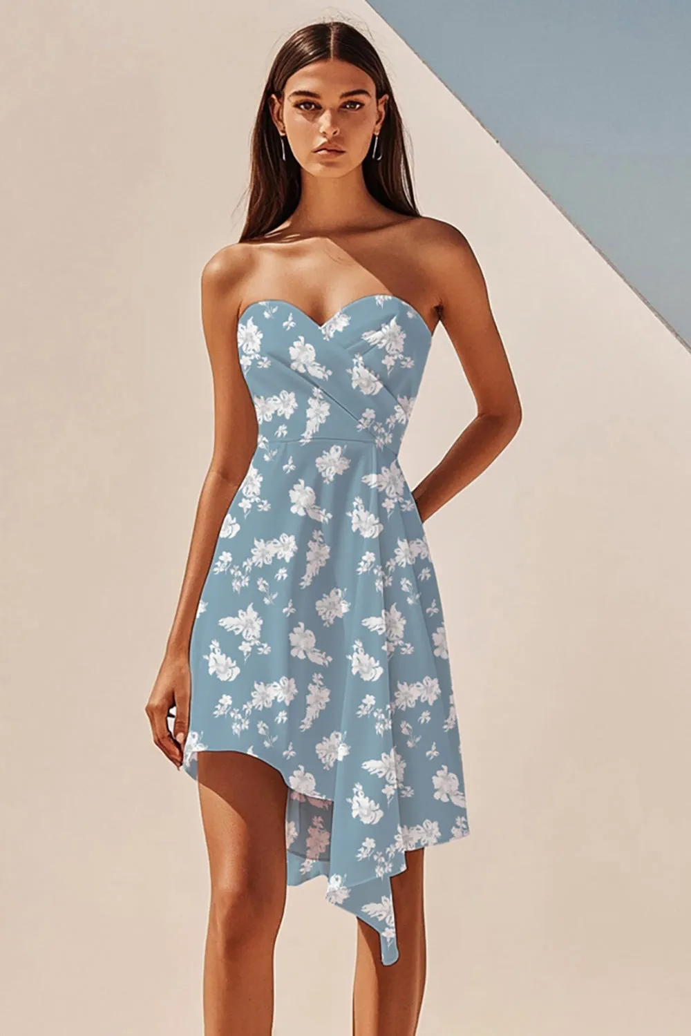 Blue White Floral Strapless A Line Asymmetrical Boho Dress sold by Zapaka