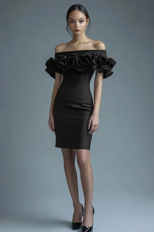 Off the Shoulder Black Bodycon Cocktail Dress with Ruffles sold by Zapaka