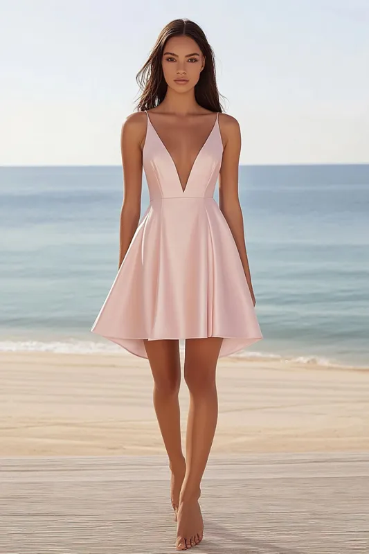 Pink A Line V-Neck Satin Graduation Dress sold by Zapaka