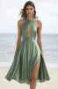 Dusty Sage A-Line Cut Out Satin Midi Cocktail Dress with Slit sold by Zapaka