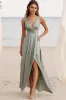 Dusty Sage A Line V-Neck Ruched Satin Wedding Guest Dress sold by Zapaka