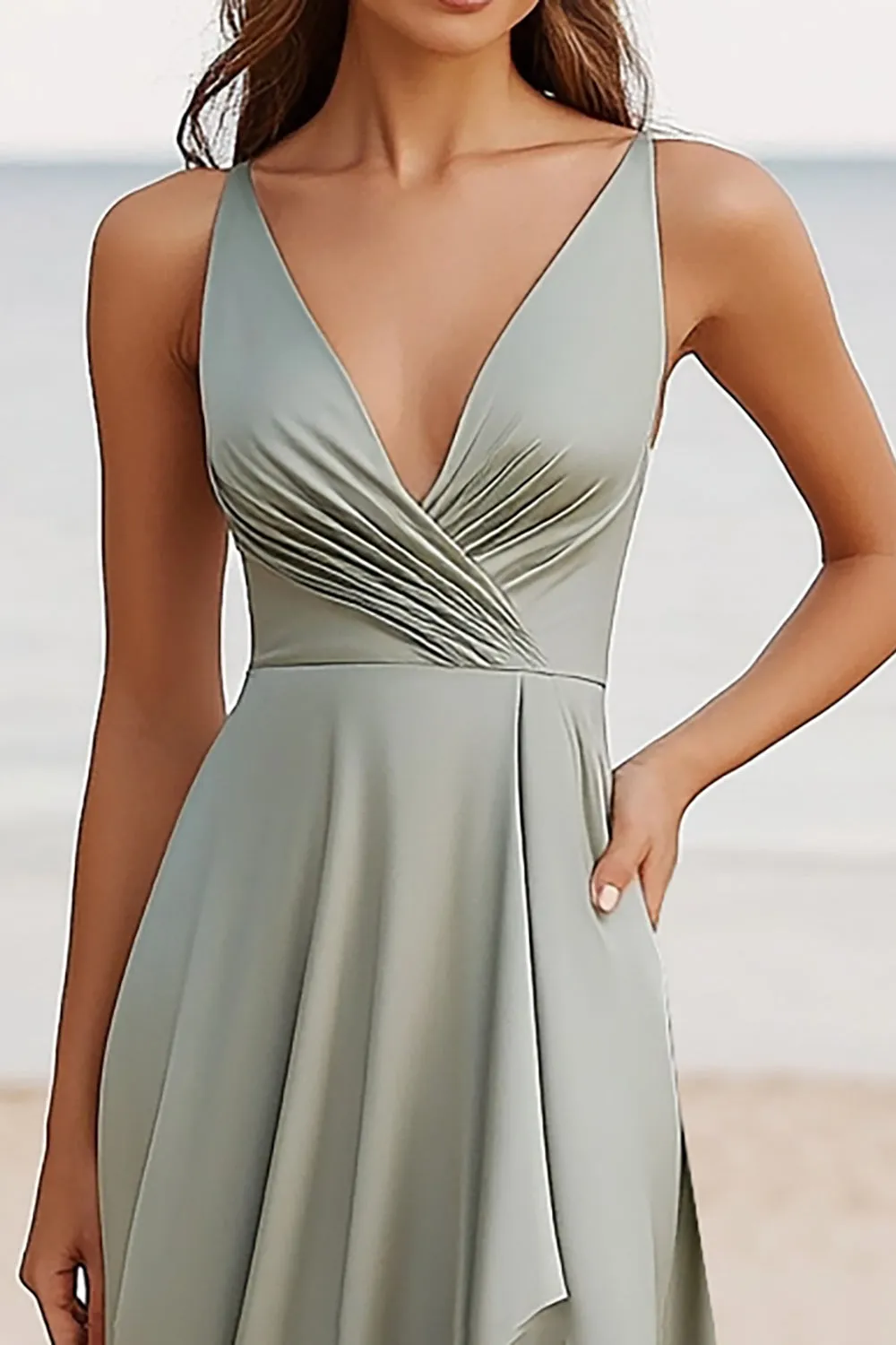 Dusty Sage A Line V-Neck Ruched Satin Wedding Guest Dress sold by Zapaka product image thumbnail 2