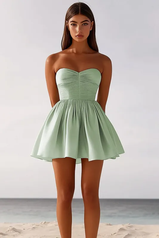 Strapless Sage Green A Line Ruched Graduation Dress sold by Zapaka