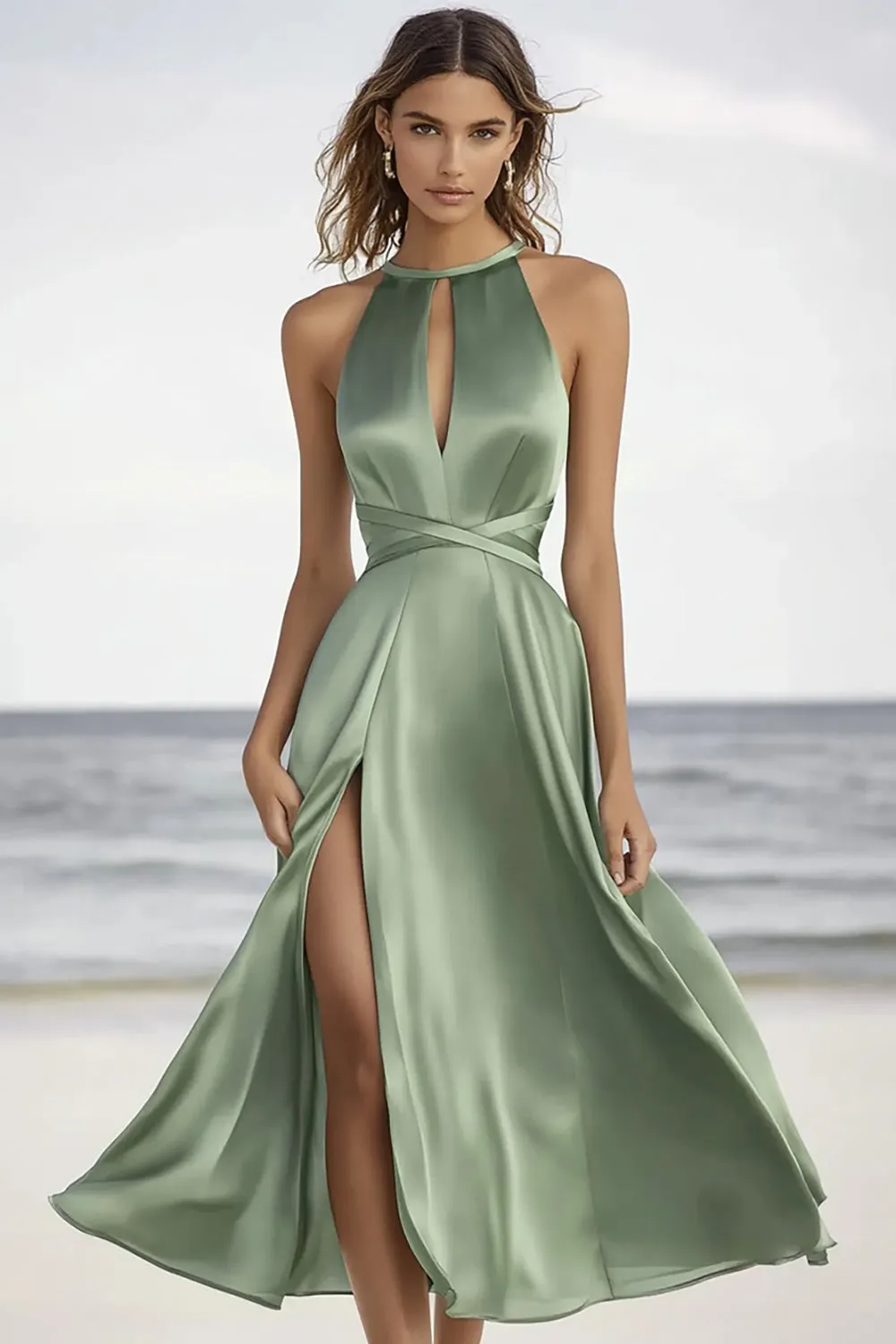 Dusty Sage A-Line Cut Out Satin Midi Cocktail Dress with Slit sold by Zapaka