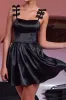 Black Satin A Line Spaghetti Straps Cocktail Dress With Bows sold by Zapaka