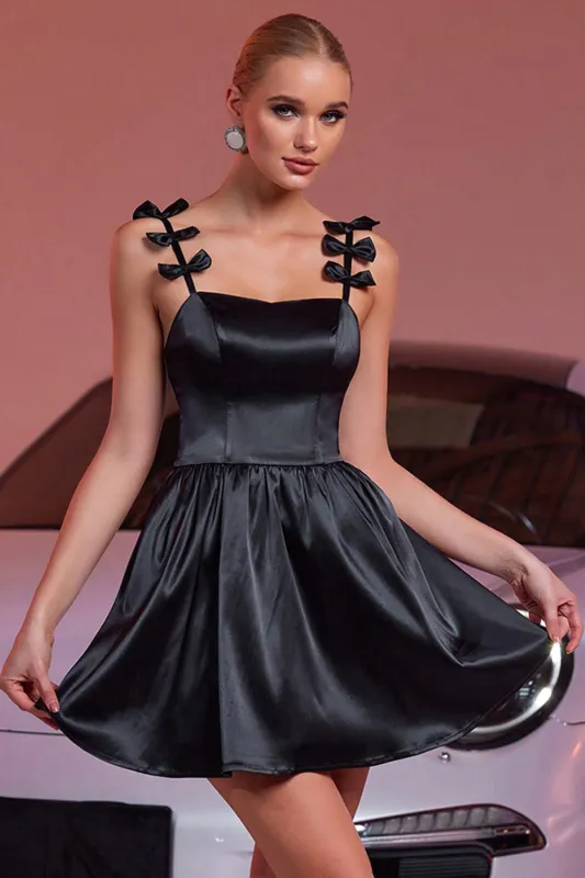 Black Satin A Line Spaghetti Straps Cocktail Dress With Bows sold by Zapaka