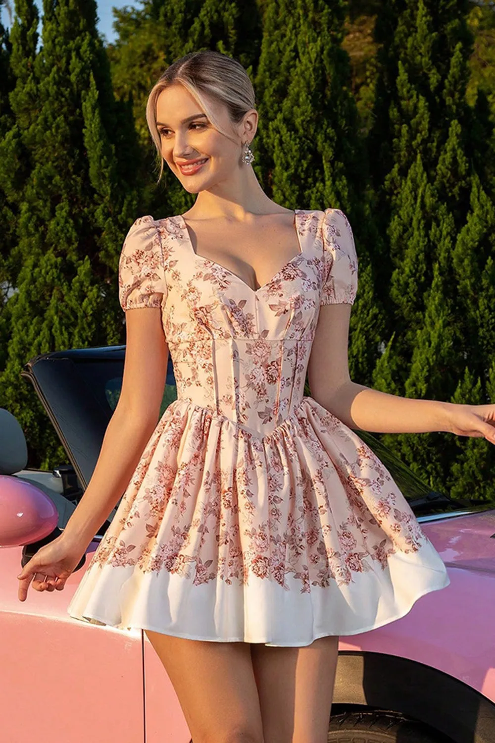 Blush Floral A Line Corset Homecoming Dress with Short Sleeves sold by Zapaka product image thumbnail 5