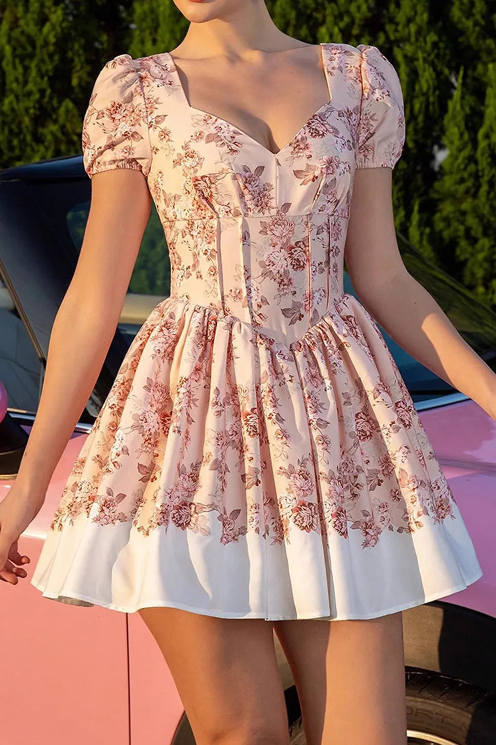Blush Floral A Line Corset Homecoming Dress with Short Sleeves sold by Zapaka product image thumbnail 3