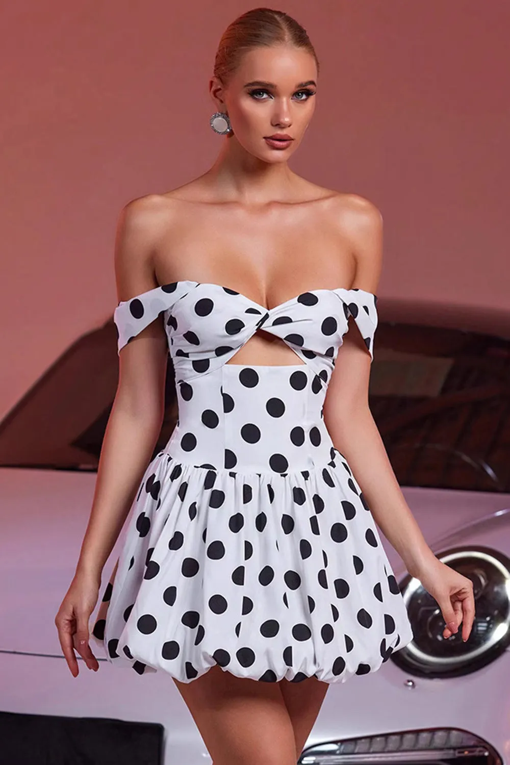 Off The Shoulder White A Line Cocktail Dress with Black Dots sold by Zapaka product image thumbnail 4