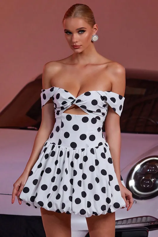 Off The Shoulder White A Line Cocktail Dress with Black Dots sold by Zapaka
