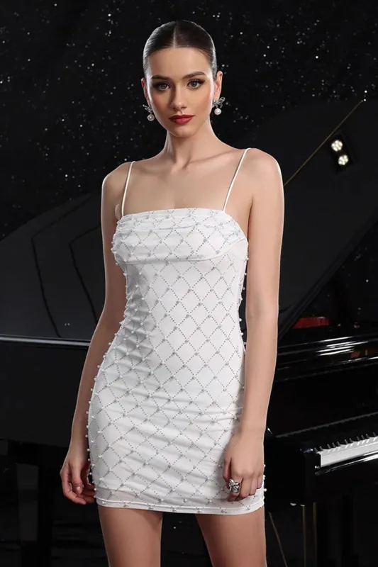 White Spaghetti Straps Bodycon Cocktail Dress with Pearls sold by Zapaka