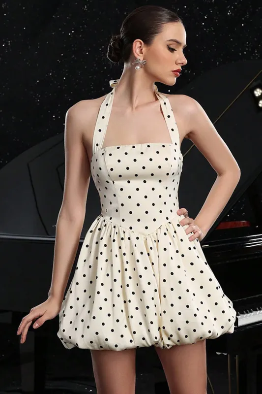 Ivory Halter Polka Dots A Line Cocktail Dress sold by Zapaka