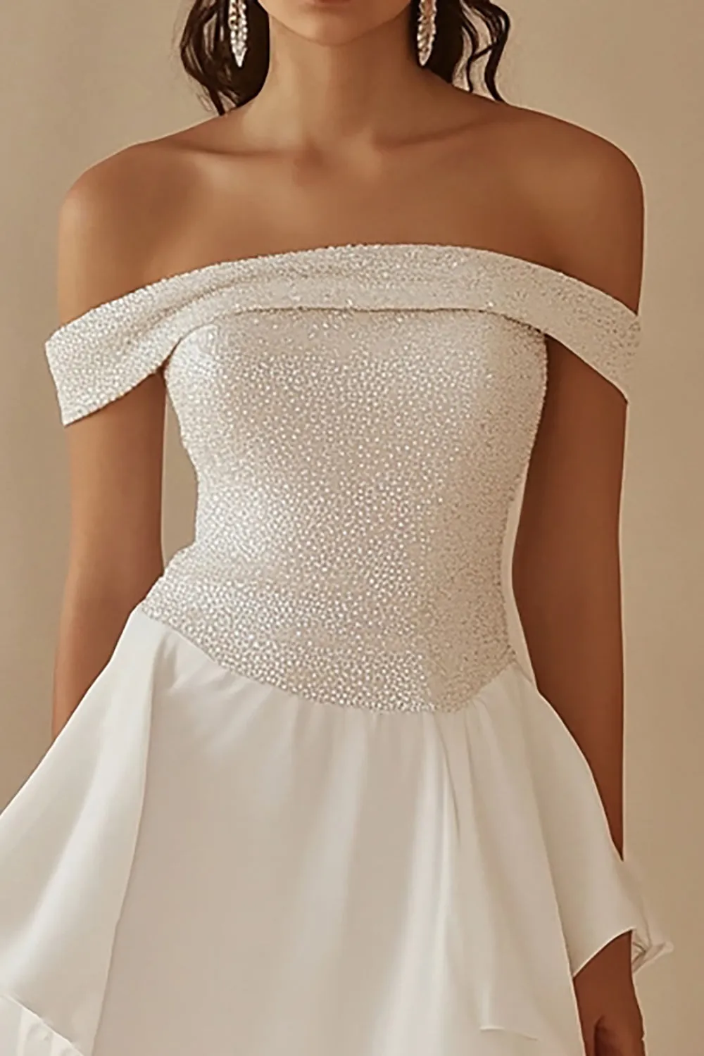 Off the Shoulder White Satin Graduation Dress with Beading sold by Zapaka product image thumbnail 2