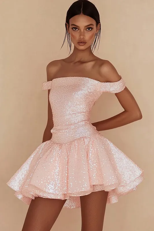 Sparkly Off the Shoulder Pink Short Graduation Dress sold by Zapaka