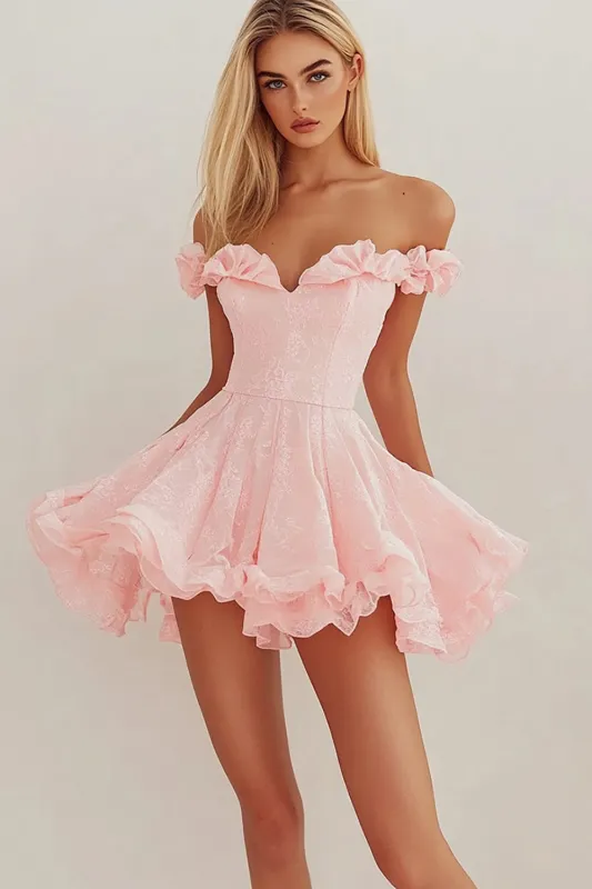 Off the Shoulder Pink Short Graduation Dress with Ruffles sold by Zapaka