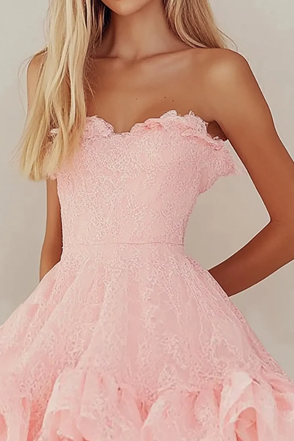Strapless Pink Lace Short Graduation Dress with Ruffles sold by Zapaka product image thumbnail 2