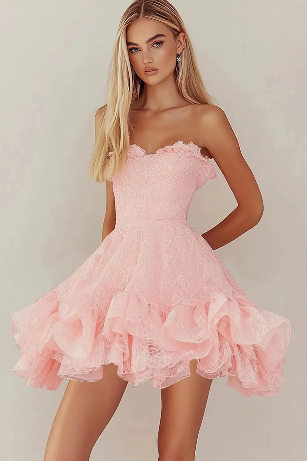 Strapless Pink Lace Short Graduation Dress with Ruffles sold by Zapaka