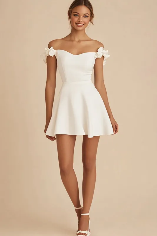 Off the Shoulder White A Line Short Graduation Dress with Ruffles sold by Zapaka