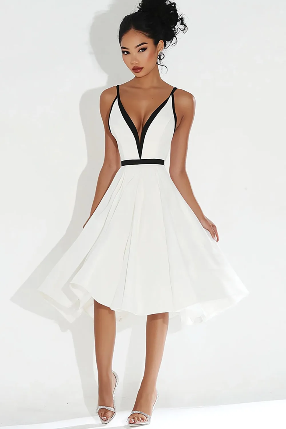 White A Line Chiffon Spaghetti Straps Midi Graduation Dress sold by Zapaka