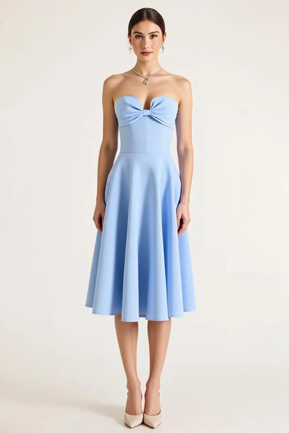 Strapless Sky Blue A Line Midi Cocktail Dress sold by Zapaka