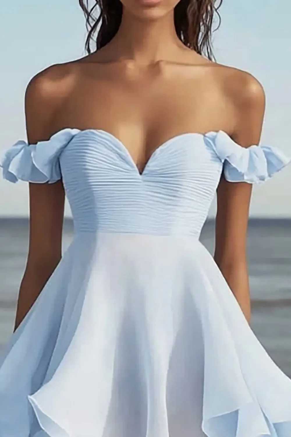 Sky Blue Off the Shoulder A Line Cocktail Dress with Ruffles sold by Zapaka product image thumbnail 2