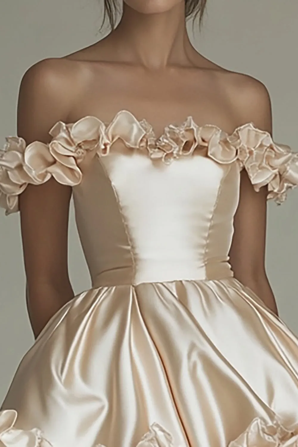 Off the Shoulder Champagne Ruffled Satin A Line Graduation Dress sold by Zapaka product image thumbnail 2