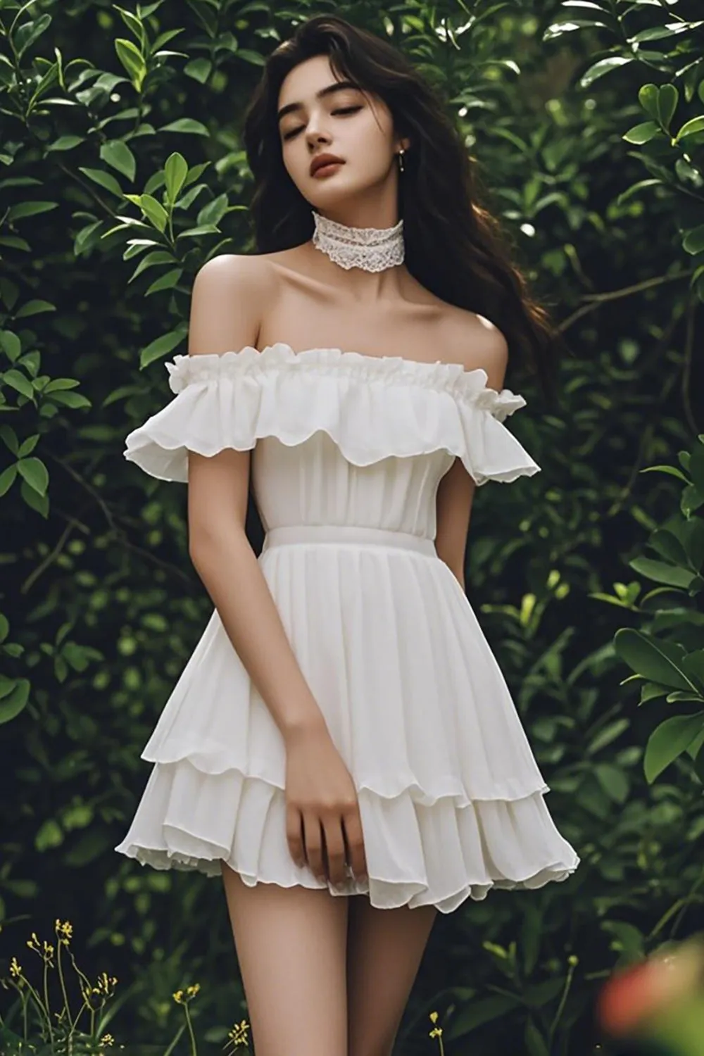 Off the Shoulder Ivory Tiered Graduation Dress with Ruffles sold by Zapaka