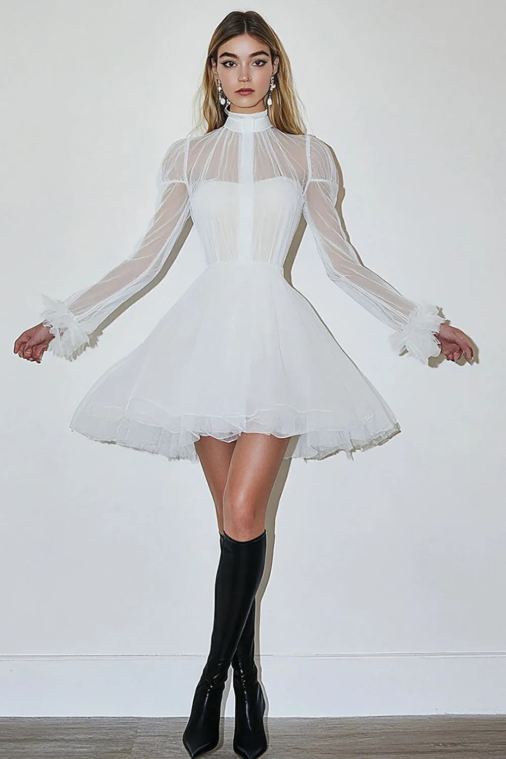 Tulle White A Line Long Sleeve Graduation Dress sold by Zapaka
