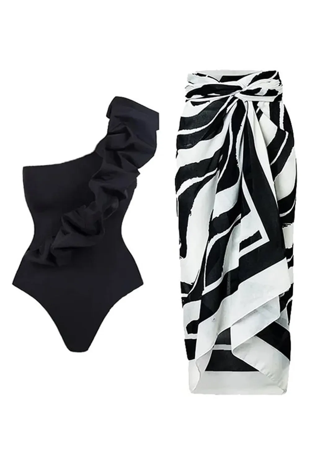 Black White One Piece Ruffled Beach Swimwear sold by Zapaka