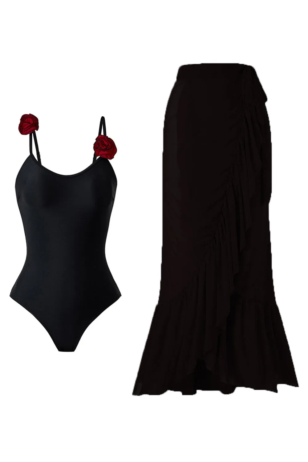 Black Spaghetti Straps One Piece Swimsuit with Ruffled Cover Up sold by Zapaka