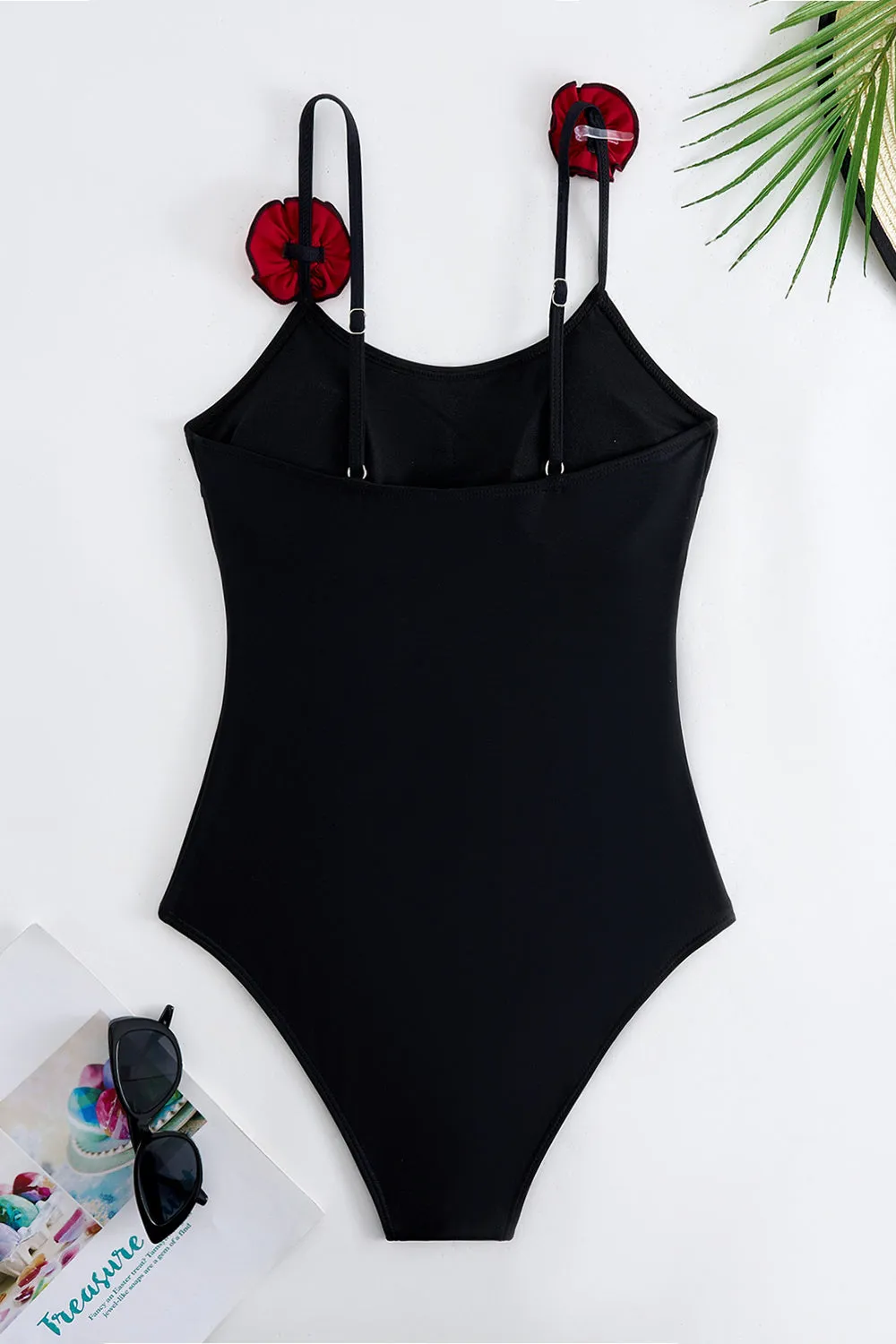 Black Spaghetti Straps One Piece Swimsuit with Ruffled Cover Up sold by Zapaka product image thumbnail 5