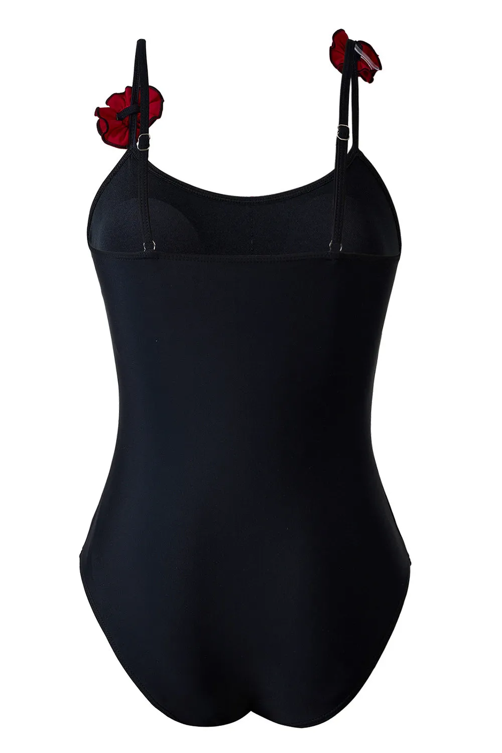 Black Spaghetti Straps One Piece Swimsuit with Ruffled Cover Up sold by Zapaka product image thumbnail 3