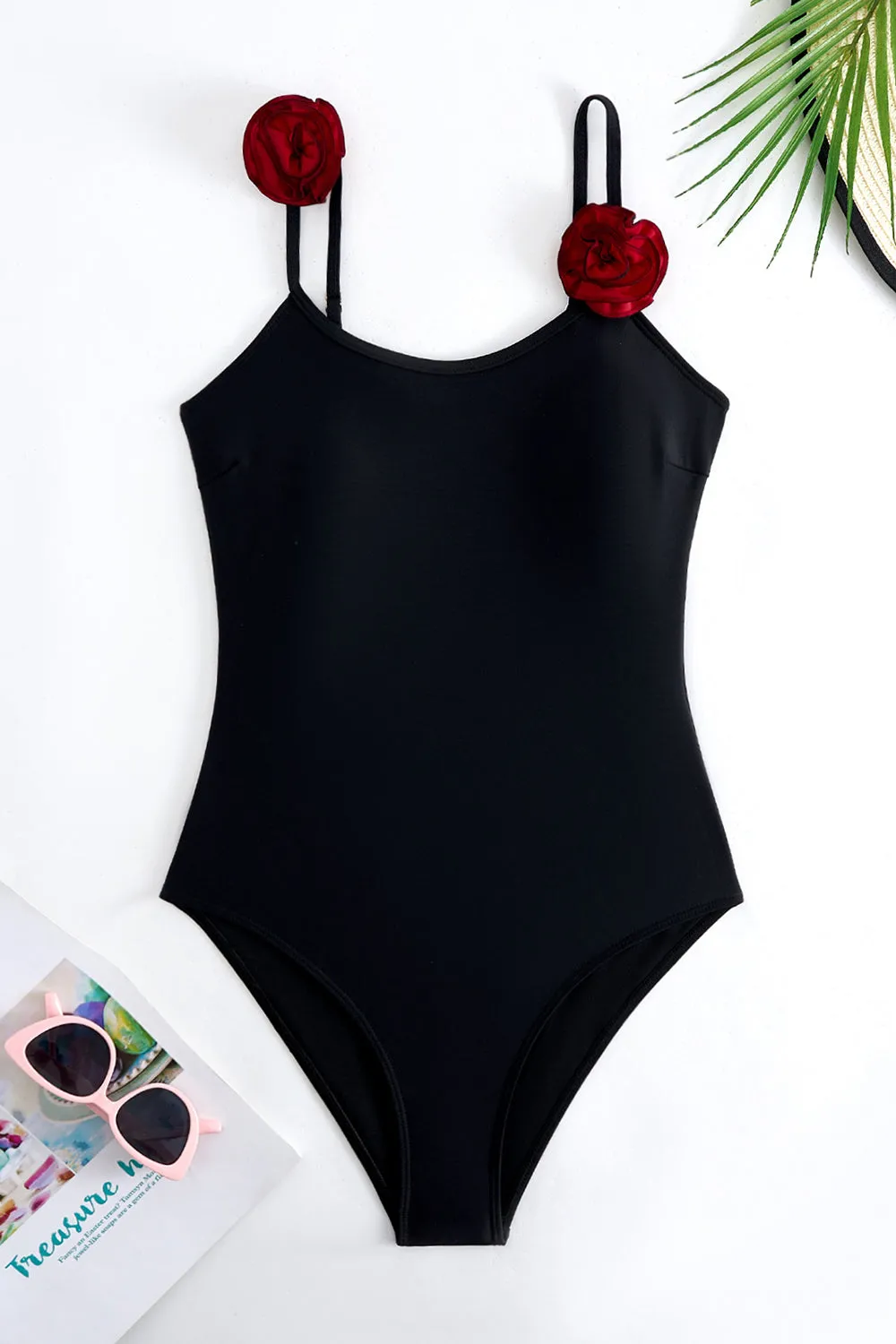 Black Spaghetti Straps One Piece Swimsuit with Ruffled Cover Up sold by Zapaka product image thumbnail 4