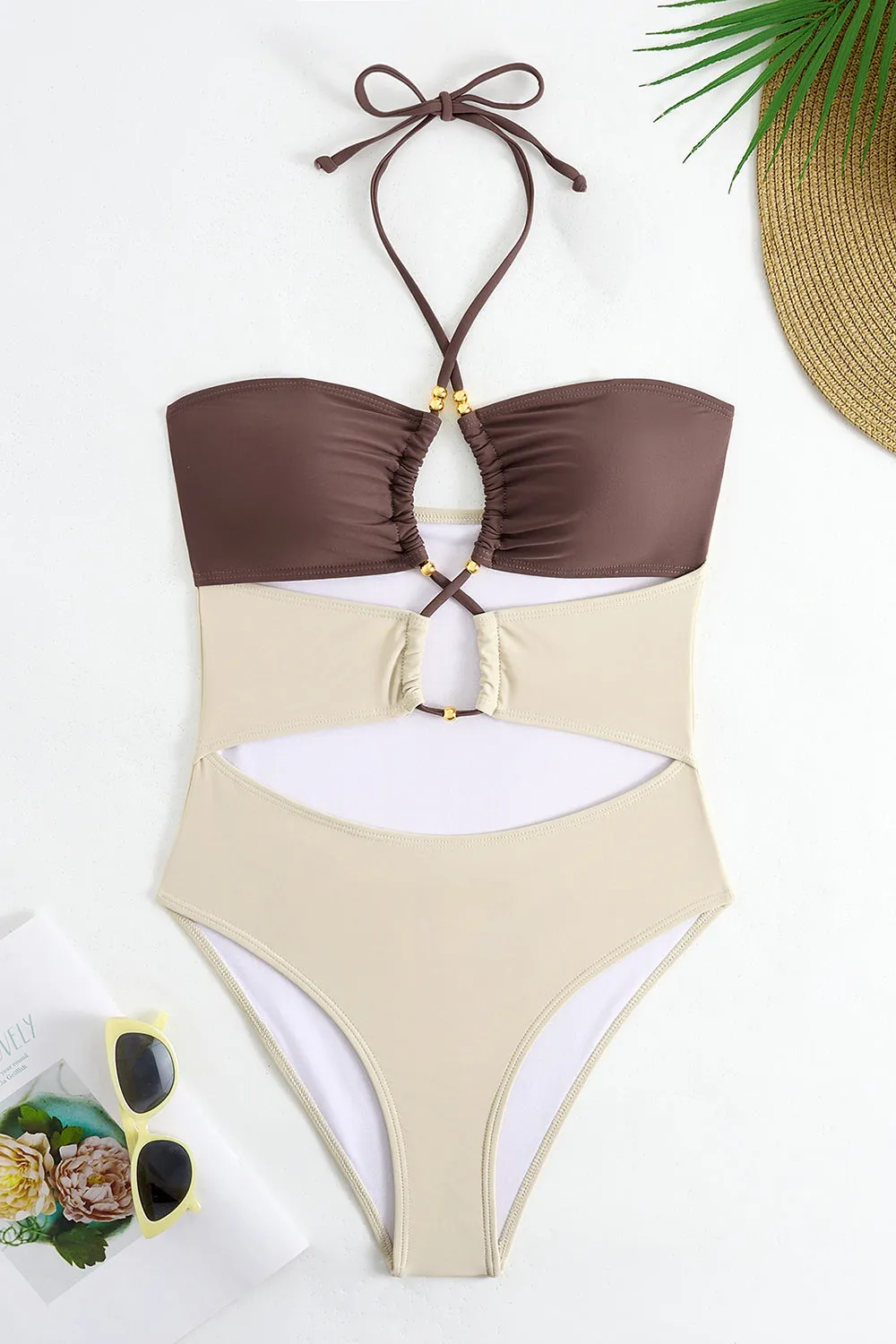 Ivory Halter Cut Out One Piece Swimsuit with Cover Up sold by Zapaka product image thumbnail 4