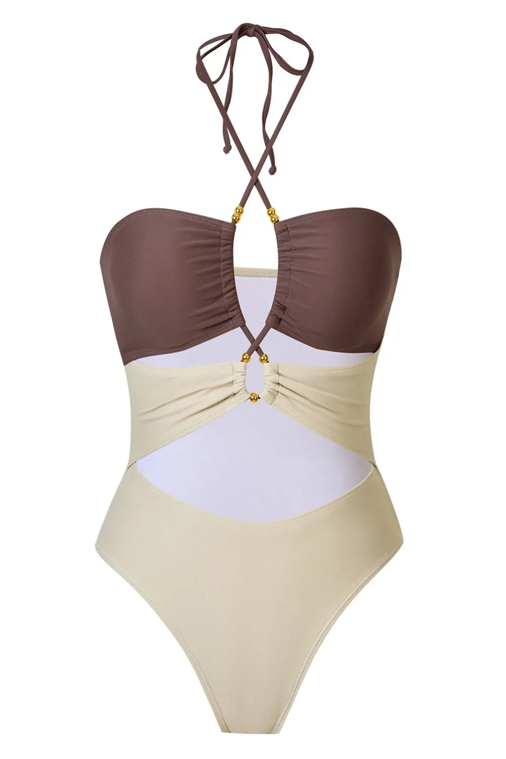 Ivory Halter Cut Out One Piece Swimsuit with Cover Up sold by Zapaka