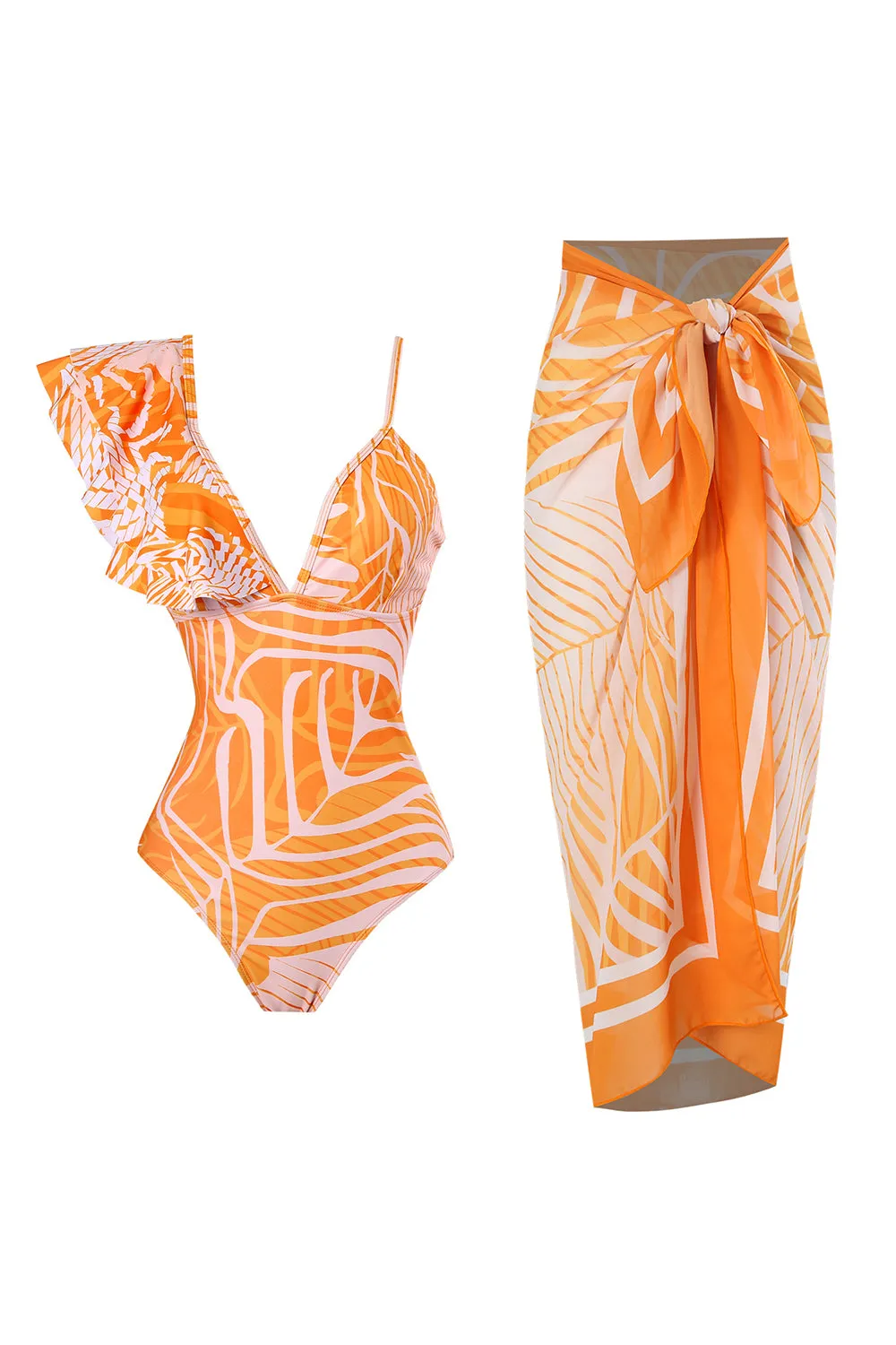 Halter One Piece Orange Printed Swimwear sold by Zapaka