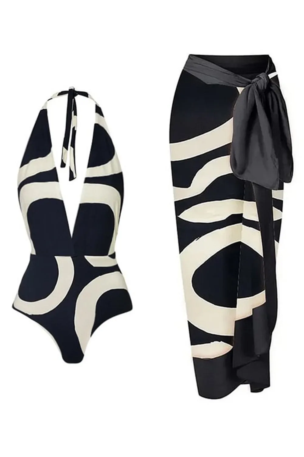 Halter One Piece Black And White Printed Swimwear sold by Zapaka