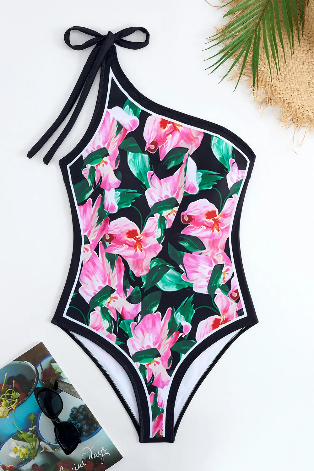 Balck Pink One Shoulder Floral Swimsuit sold by Zapaka product image thumbnail 3