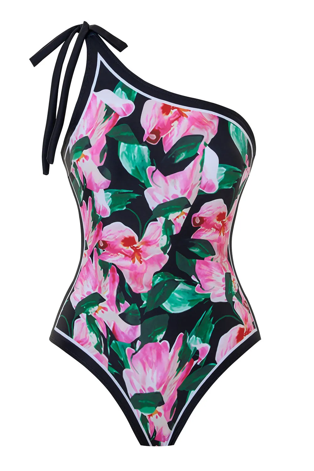 Balck Pink One Shoulder Floral Swimsuit sold by Zapaka