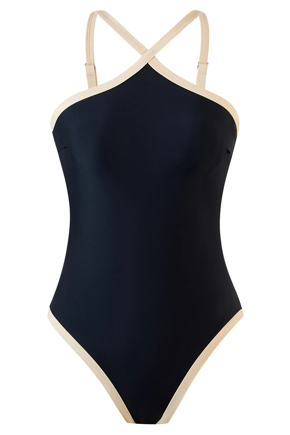 Black One-Piece Swimsuit with Nude Contrast Trim sold by Zapaka